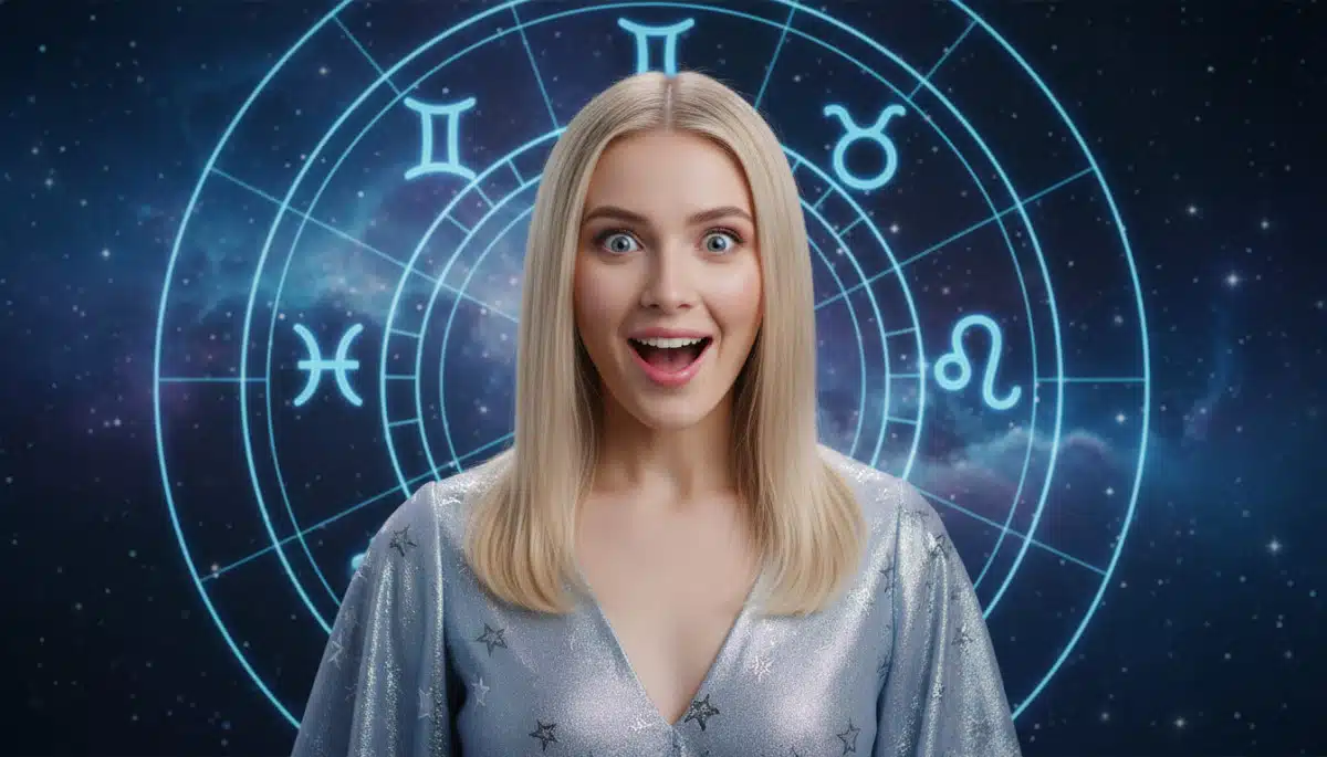 Editorial portrait photo of a young blonde woman with straight hair, looking at camera with amazed a