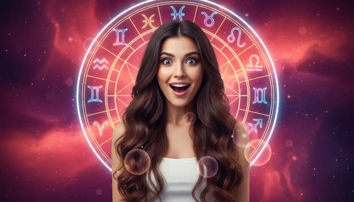 Editorial portrait photo of a young brunette woman with long hair, looking at camera with shocked an