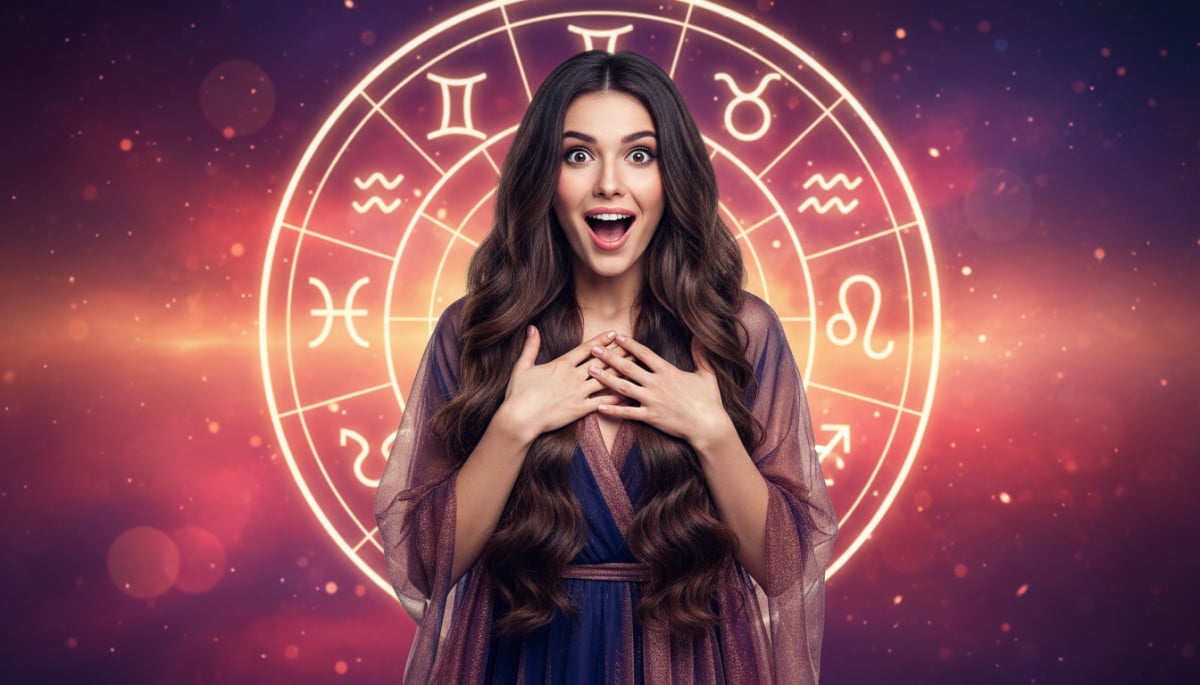 Editorial portrait photo of a young brunette woman with long hair, looking at camera with shocked an