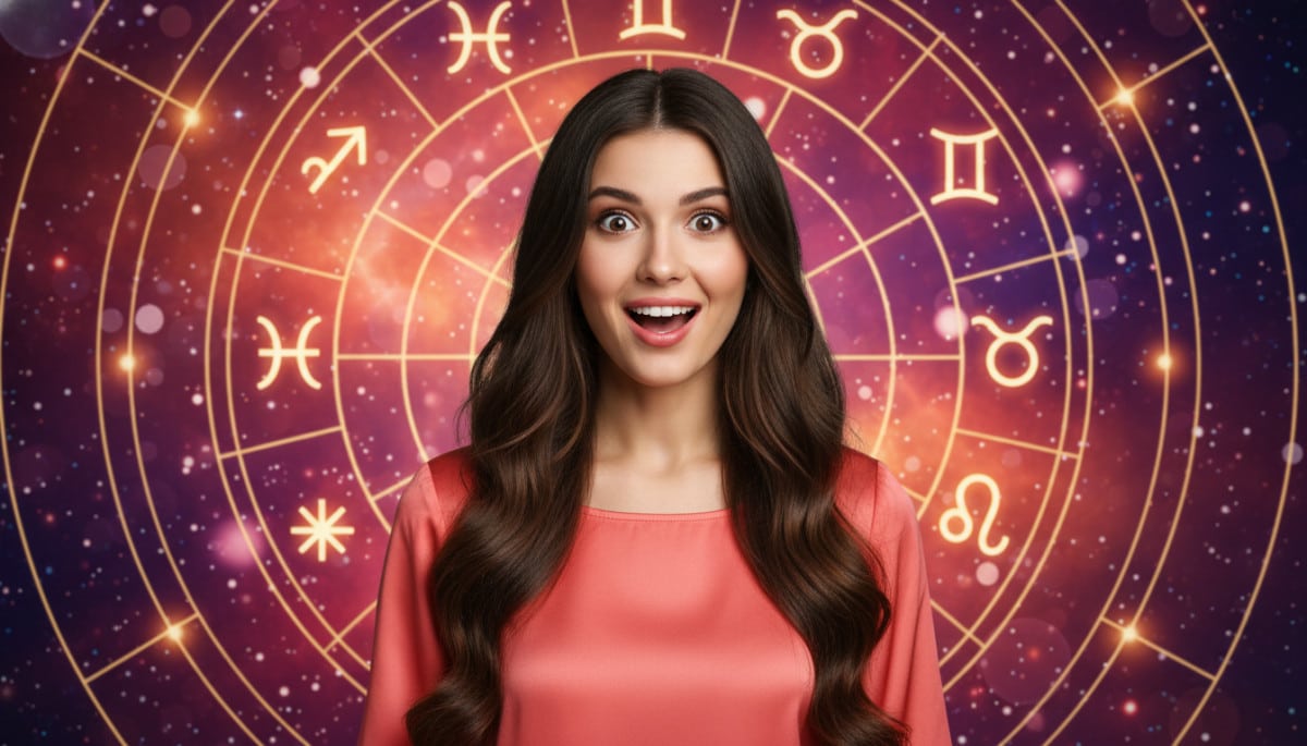 Editorial portrait photo of a young brunette woman with long hair, looking at camera with shocked an