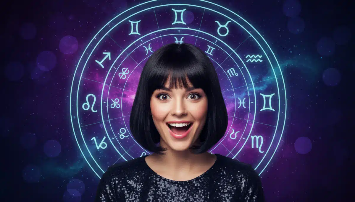 Editorial portrait photo of a young woman with dark bob haircut, looking at camera with joyful and a