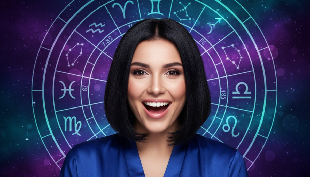 Editorial portrait photo of a young woman with dark bob haircut, looking at camera with joyful and a