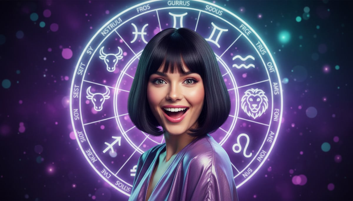 Editorial portrait photo of a young woman with dark bob haircut, looking at camera with joyful and a