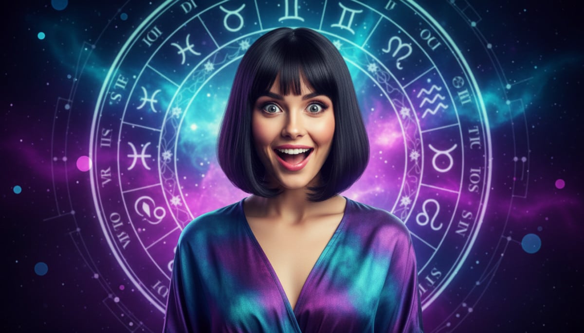 Editorial portrait photo of a young woman with dark bob haircut, looking at camera with joyful and a