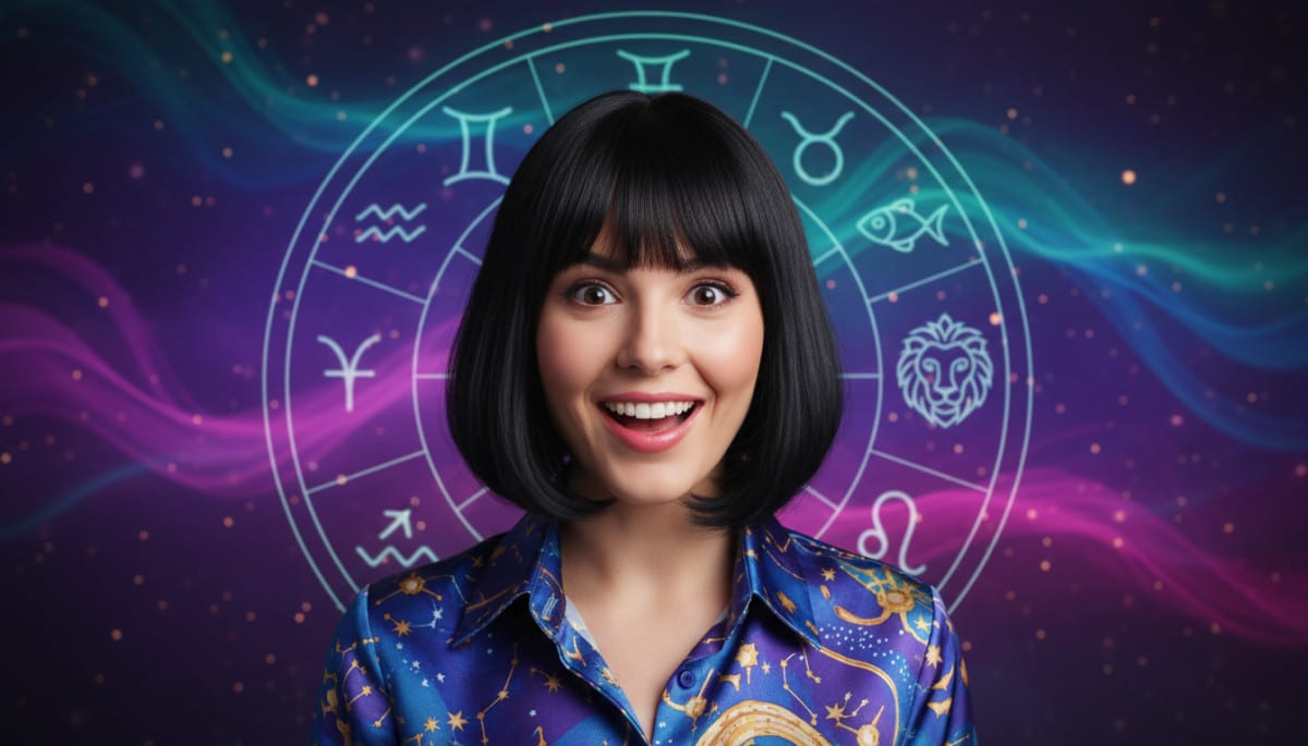 Editorial portrait photo of a young woman with dark bob haircut, looking at camera with joyful and a
