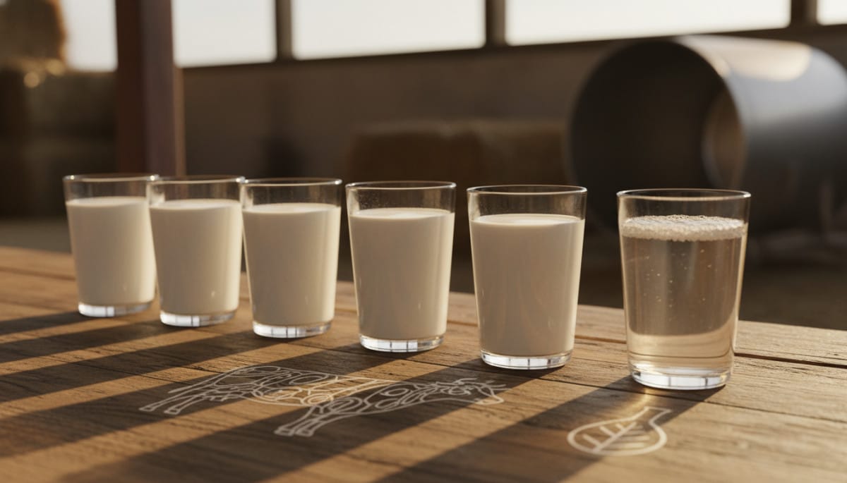 Editorial press photograph illustrating: 1 verre de lait sur 6 n'a jamais touché une vache : le chif