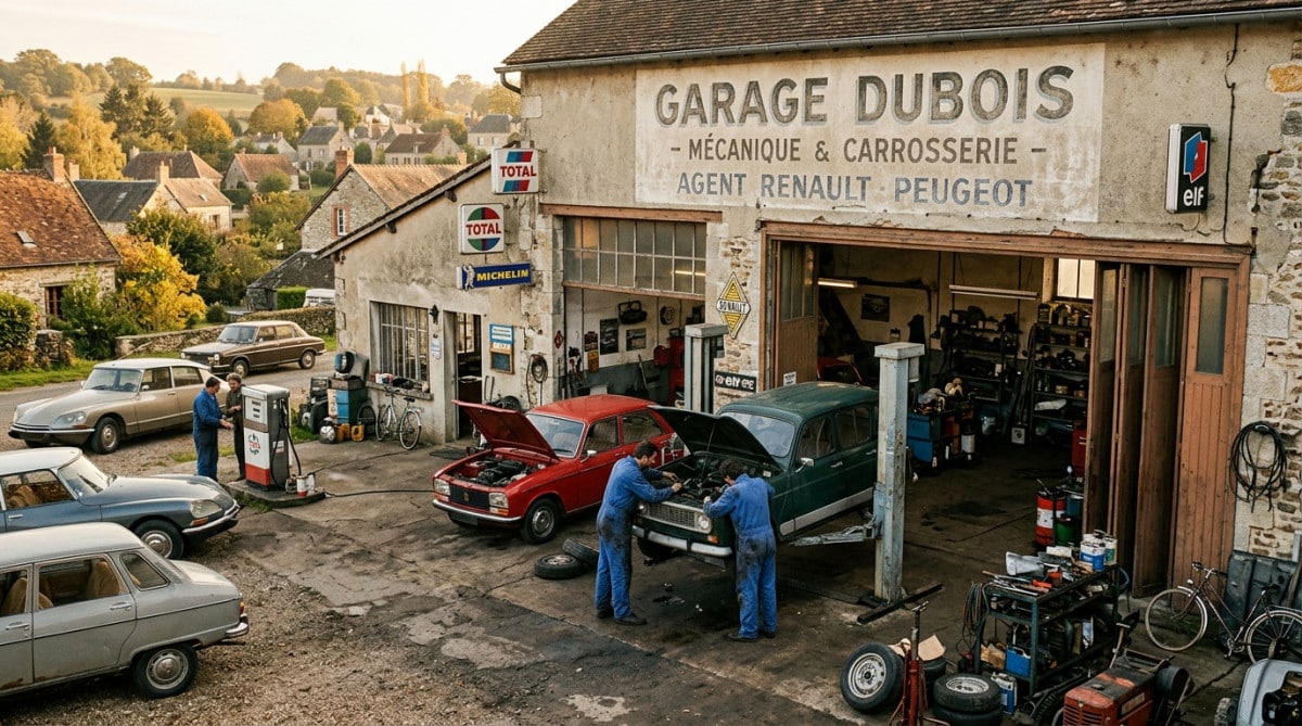 Editorial press photograph illustrating: Le garage automobile français d'il y a 50 ans : le contrast