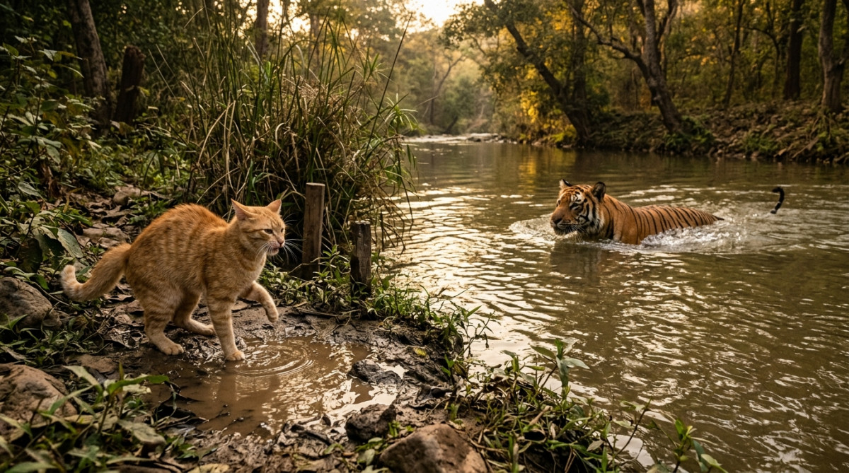 Editorial press photograph illustrating: Pourquoi les chats détestent l'eau — alors que les tigres a