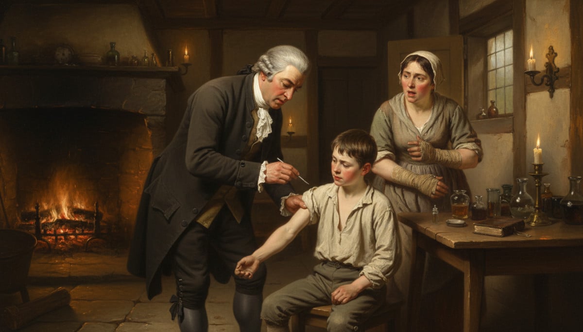 Edward Jenner pratiquant la première vaccination en 1796