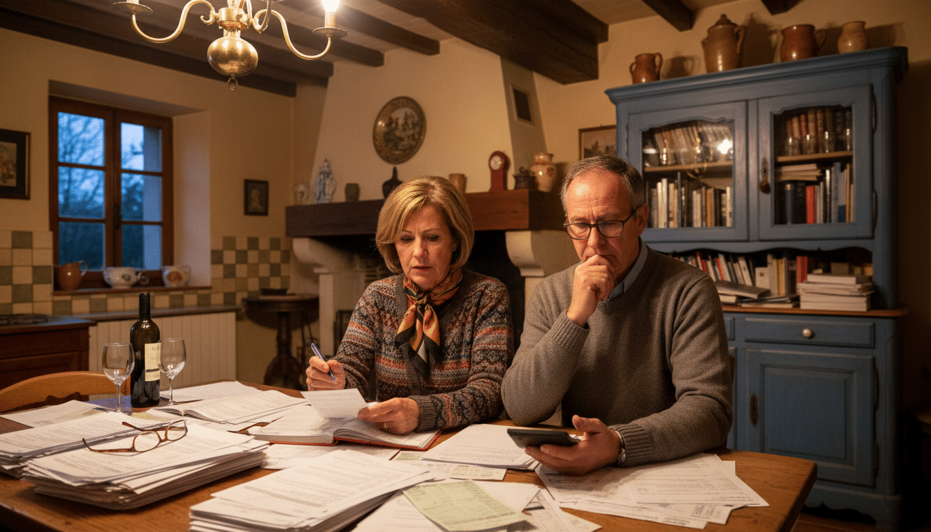Couple examinant des documents financiers à table