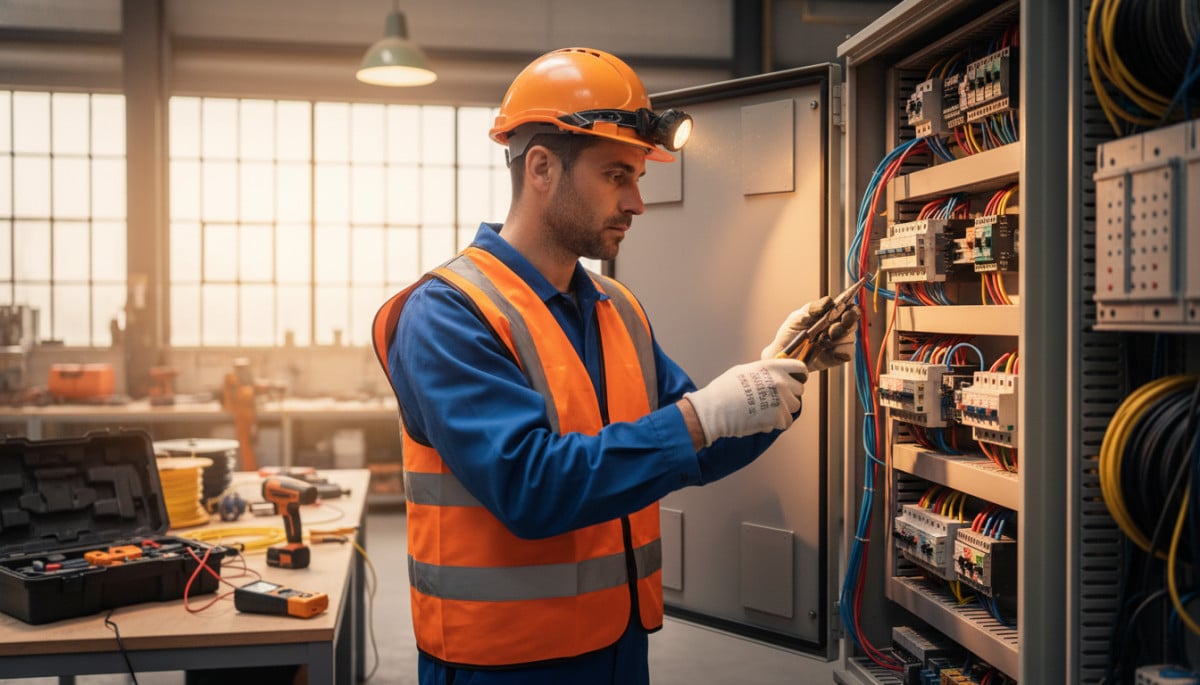 électricien spécialisé travaillant sur tableau électrique industriel