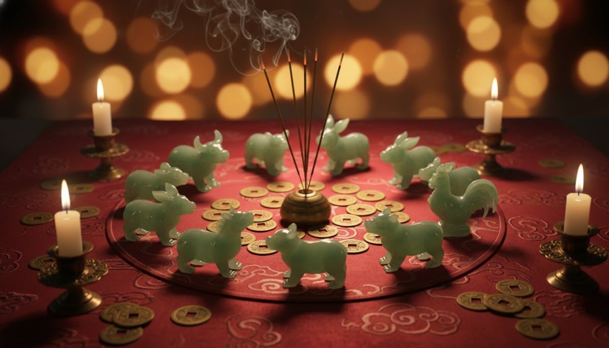 Elegant Chinese astrology scene with jade zodiac animals arranged in a circle on a red silk cloth, g