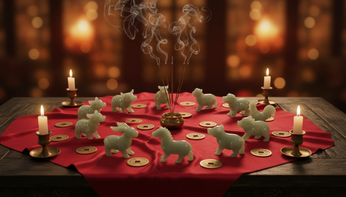 Elegant Chinese astrology scene with jade zodiac animals arranged in a circle on a red silk cloth, g