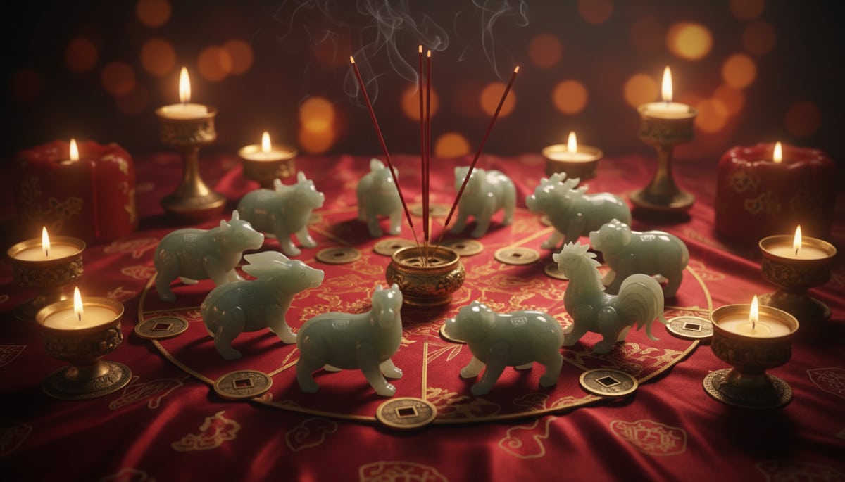 Elegant Chinese astrology scene with jade zodiac animals arranged in a circle on a red silk cloth, g
