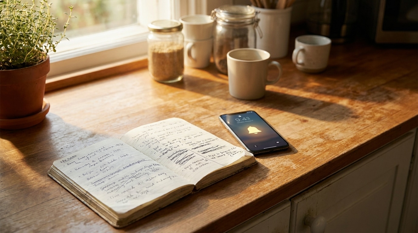Carnet manuscrit ouvert à côté d'un smartphone avec notification