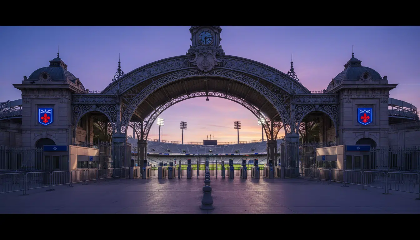 Entrée d'un stade de football avec portiques de sécurité et barrières métalliques
