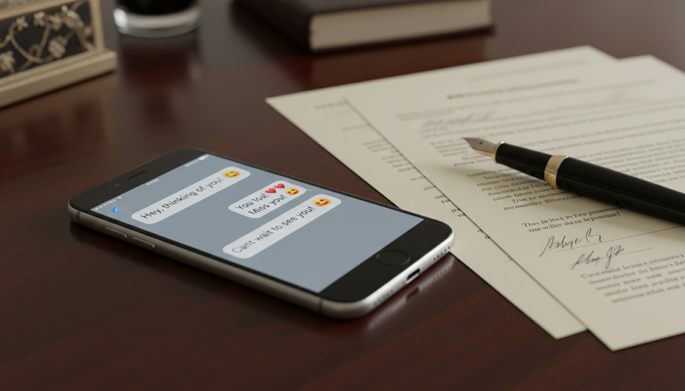 Smartphone affichant une conversation par messages avec des emojis cœur
