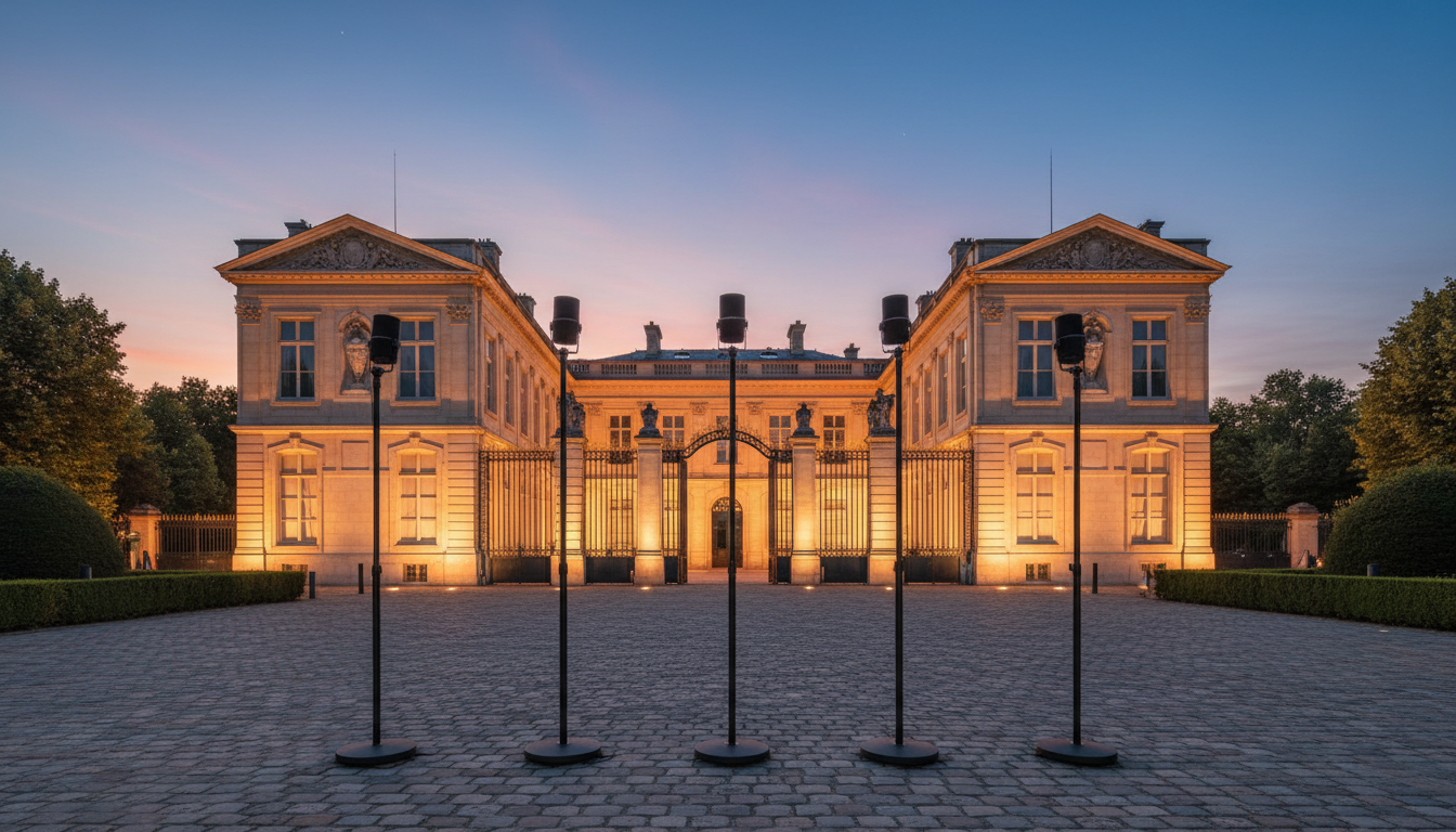 Façade du palais de l'Élysée au crépuscule avec des microphones devant l'entrée