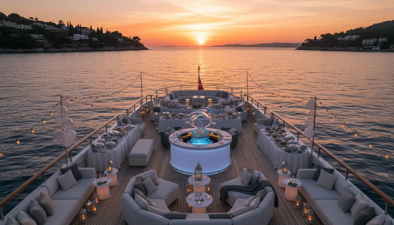 Yacht de luxe en mer au coucher du soleil