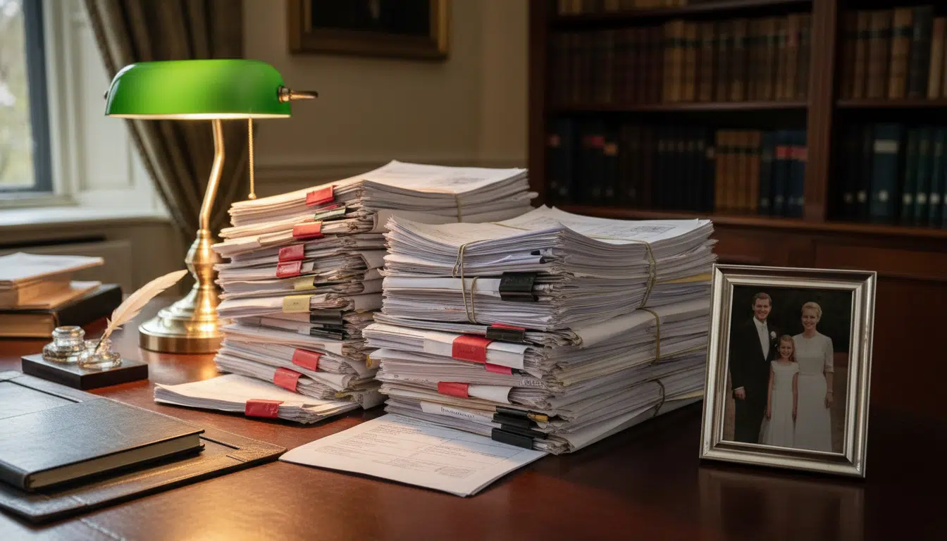 Documents et mails posés sur un bureau avec cadre photo royal