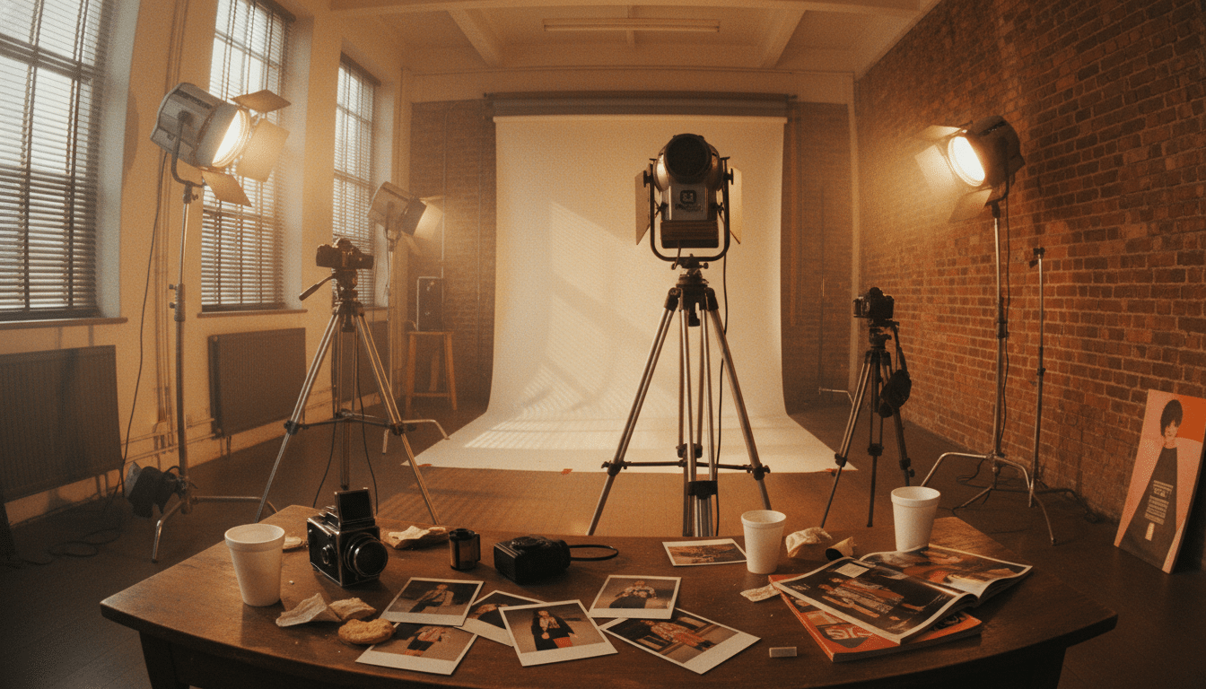 Studio photo de mode dans les années 1980, avec des Polaroids et des projecteurs vintage