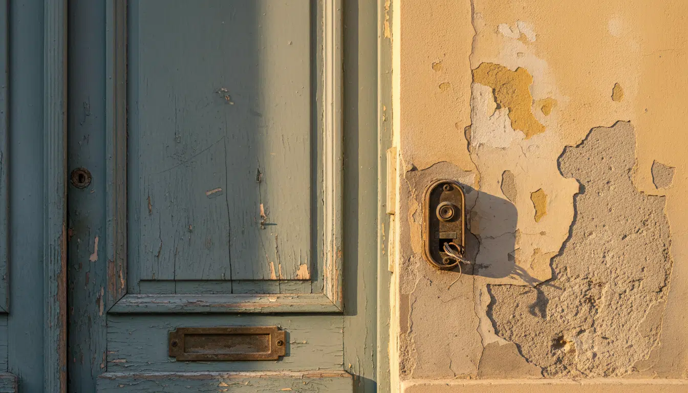Porte fermée d'un appartement modeste avec sonnette cassée à Nice