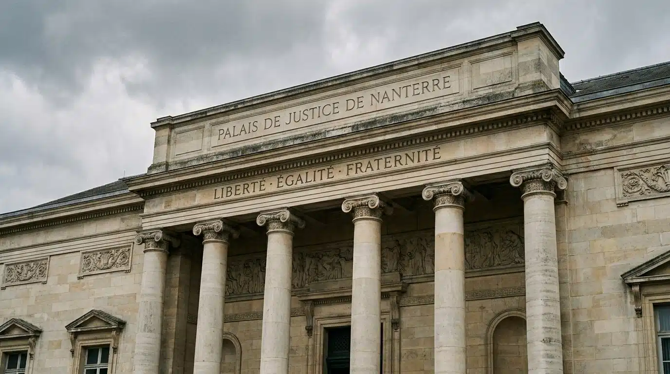Façade du tribunal de Nanterre sous un ciel couvert