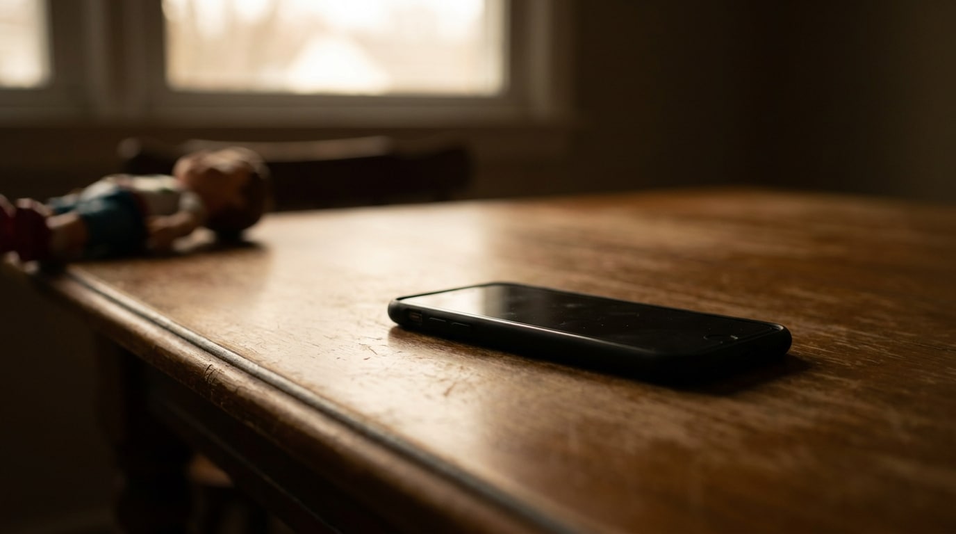 Smartphone posé sur une table de cuisine sombre