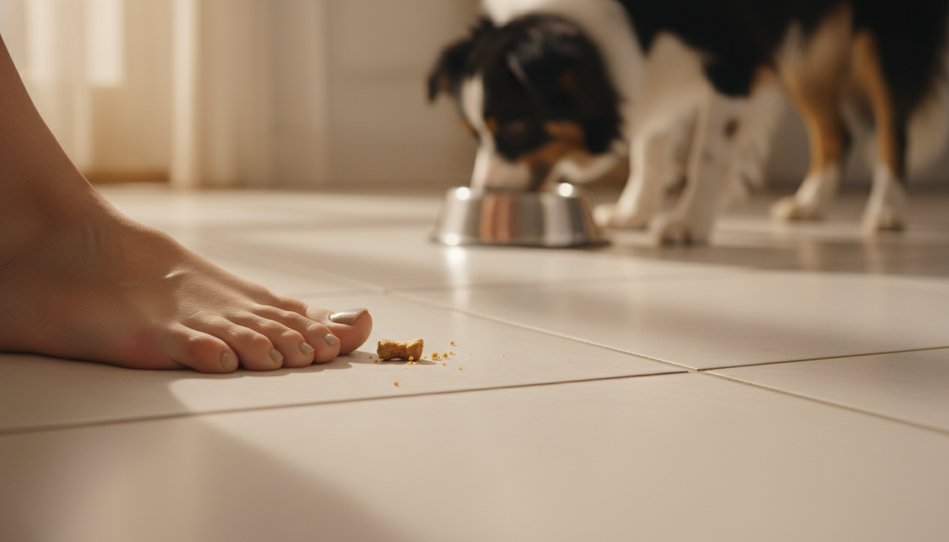 Pied nu marchant sur une croquette pour chien au sol