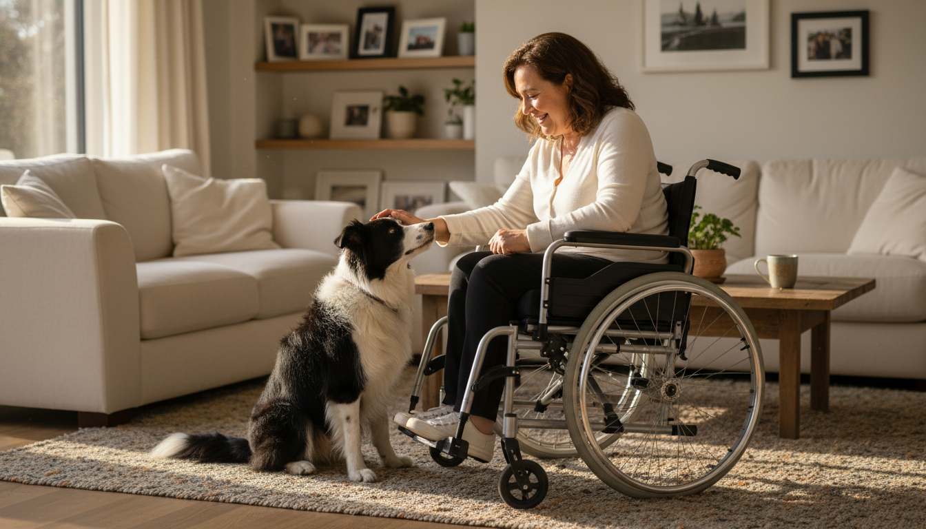 Jayne en fauteuil roulant avec son Border Collie Ted Bear