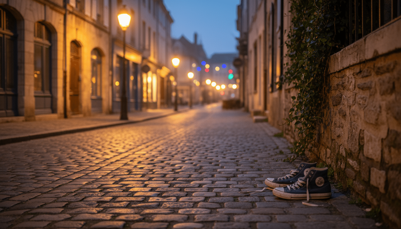 Baskets montantes en toile abandonnées sur un trottoir en ville