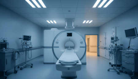 Salle d'IRM avec la machine et la table d'examen