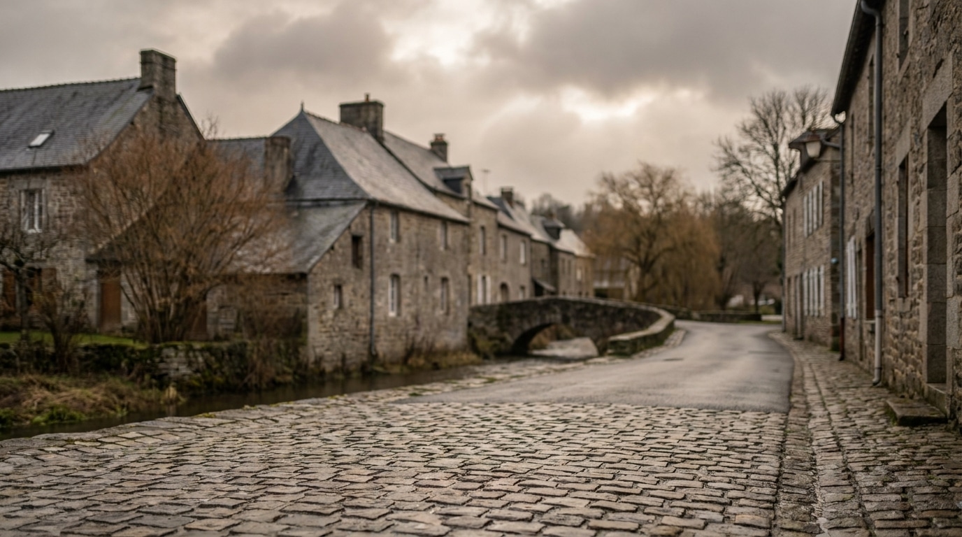 Rue calme d'un village de l'Allier en hiver