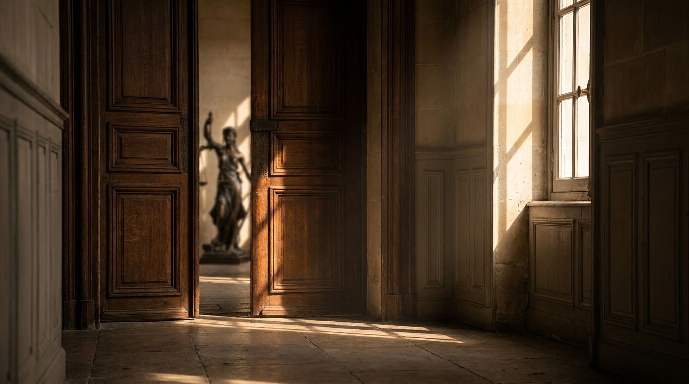 Couloir sombre d'un palais de justice français