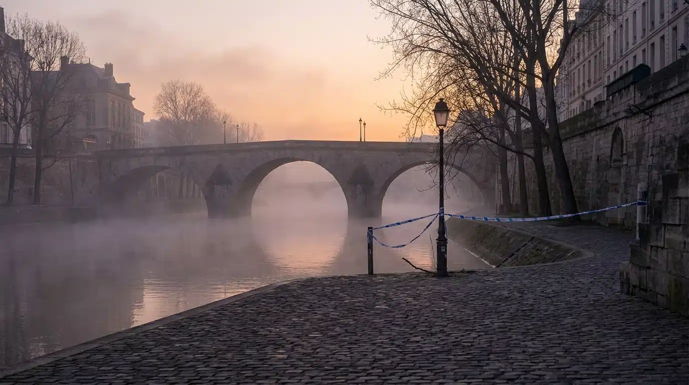 Berges brumeuses d'une rivière française au petit matin