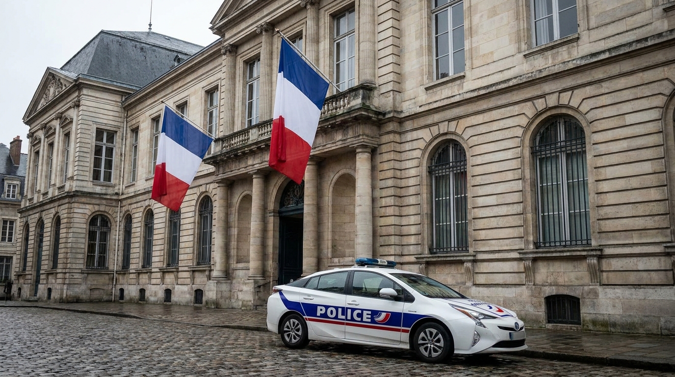 Façade d'un bâtiment judiciaire français avec drapeaux