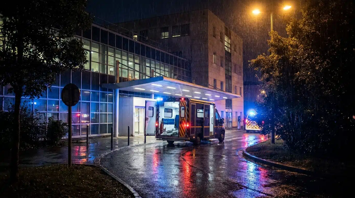 Entrée des urgences d'un hôpital de nuit avec ambulance