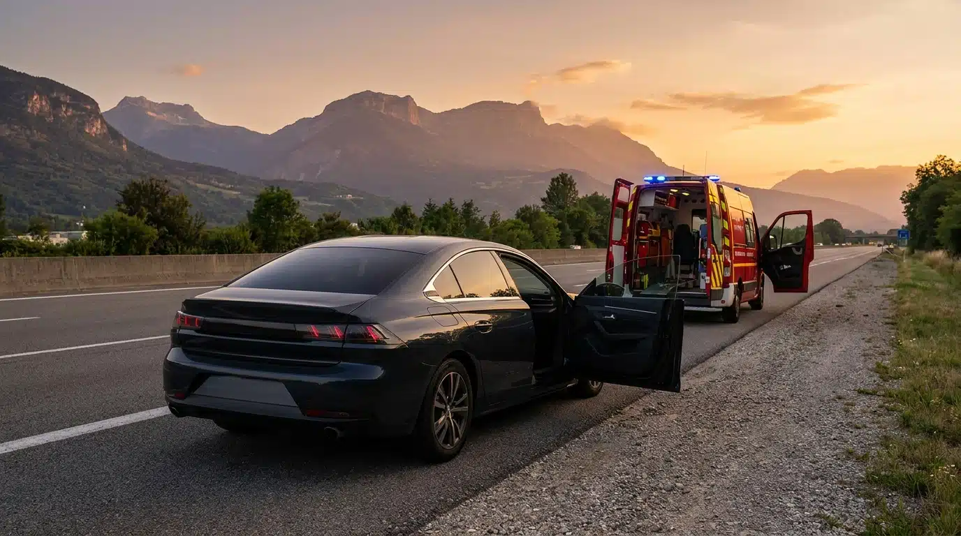 Voiture arrêtée portière ouverte sur autoroute près de Grenoble