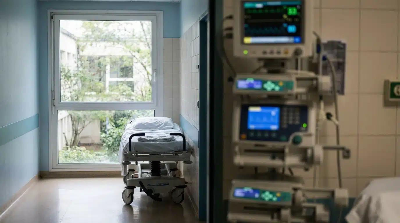 Brancard vide dans un couloir d'hôpital éclairé par la lumière du jour