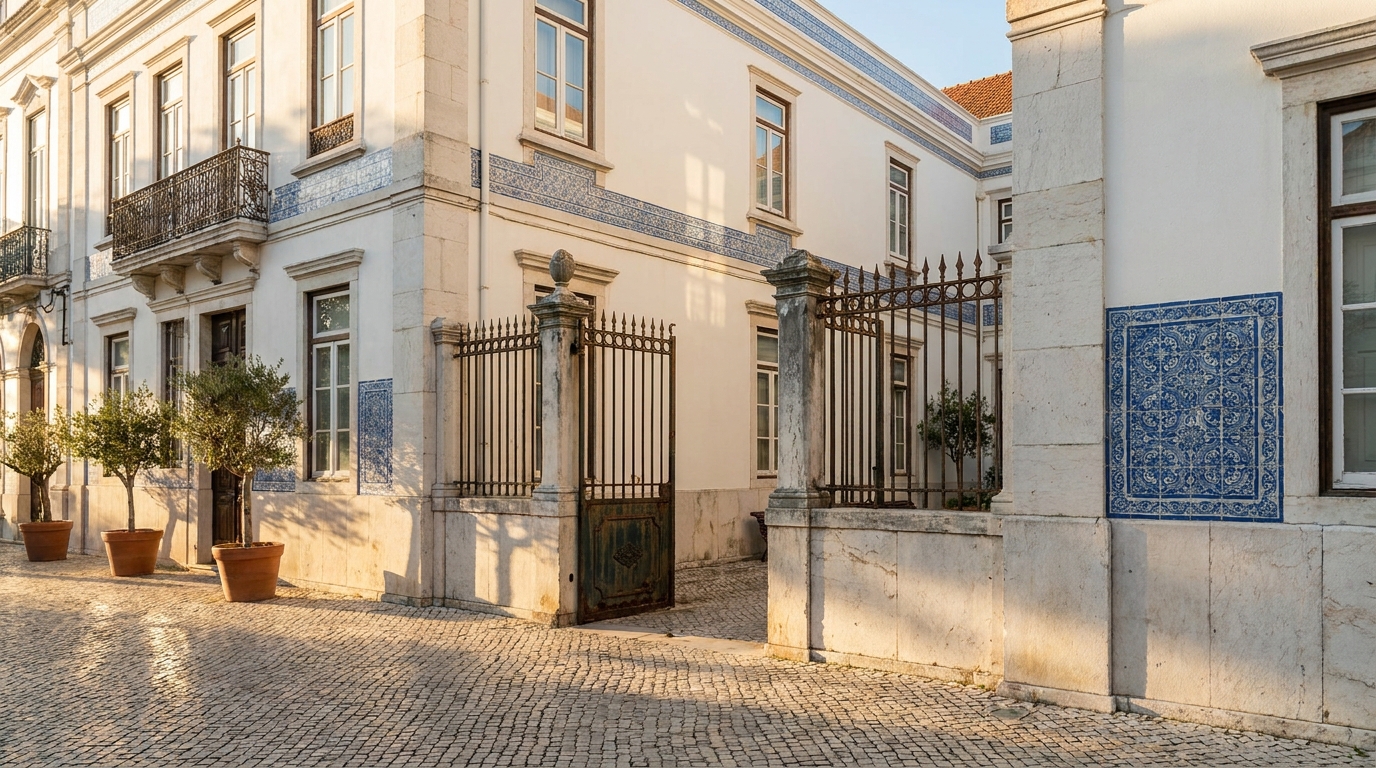Façade d'un tribunal portugais sous la lumière dorée