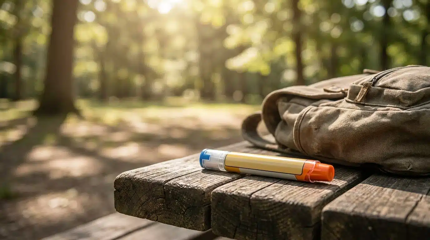 Stylo auto-injecteur d'adrénaline sur une table en bois extérieure