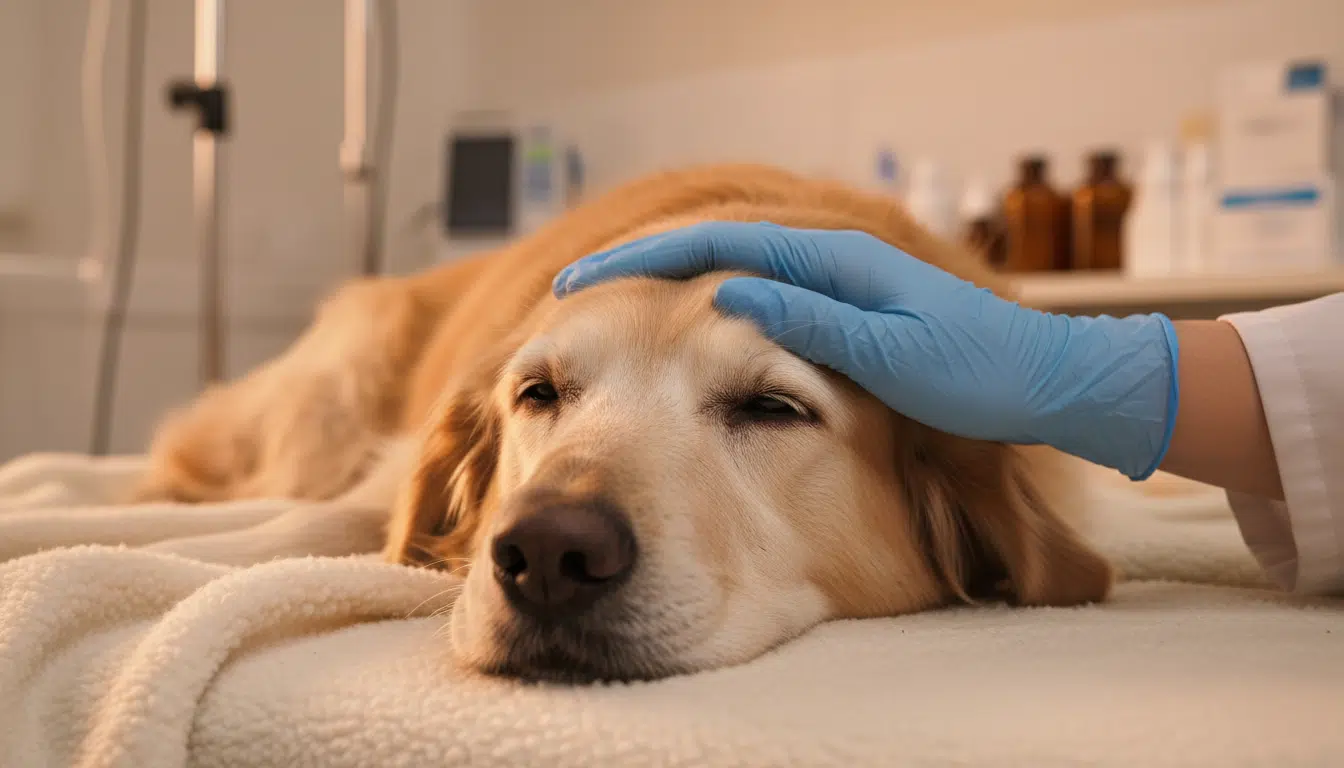 Main de vétérinaire posée sur la tête d'un vieux chien allongé sur une couverture douce
