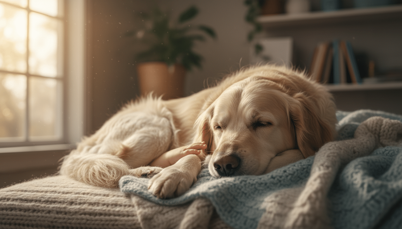 Main d'un enfant posée sur le pelage d'un vieux chien endormi dans la lumière dorée