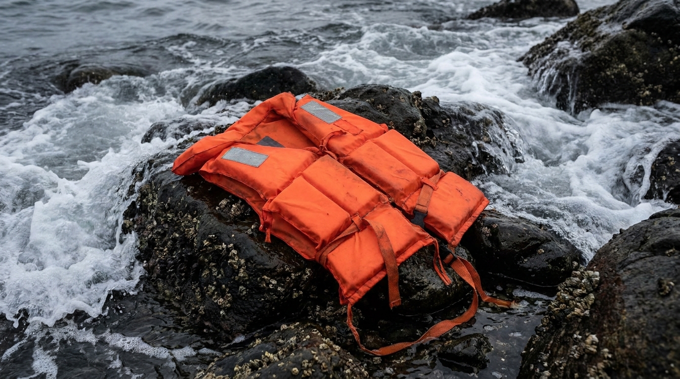 Gilet de sauvetage abandonné sur des rochers au bord de l'océan