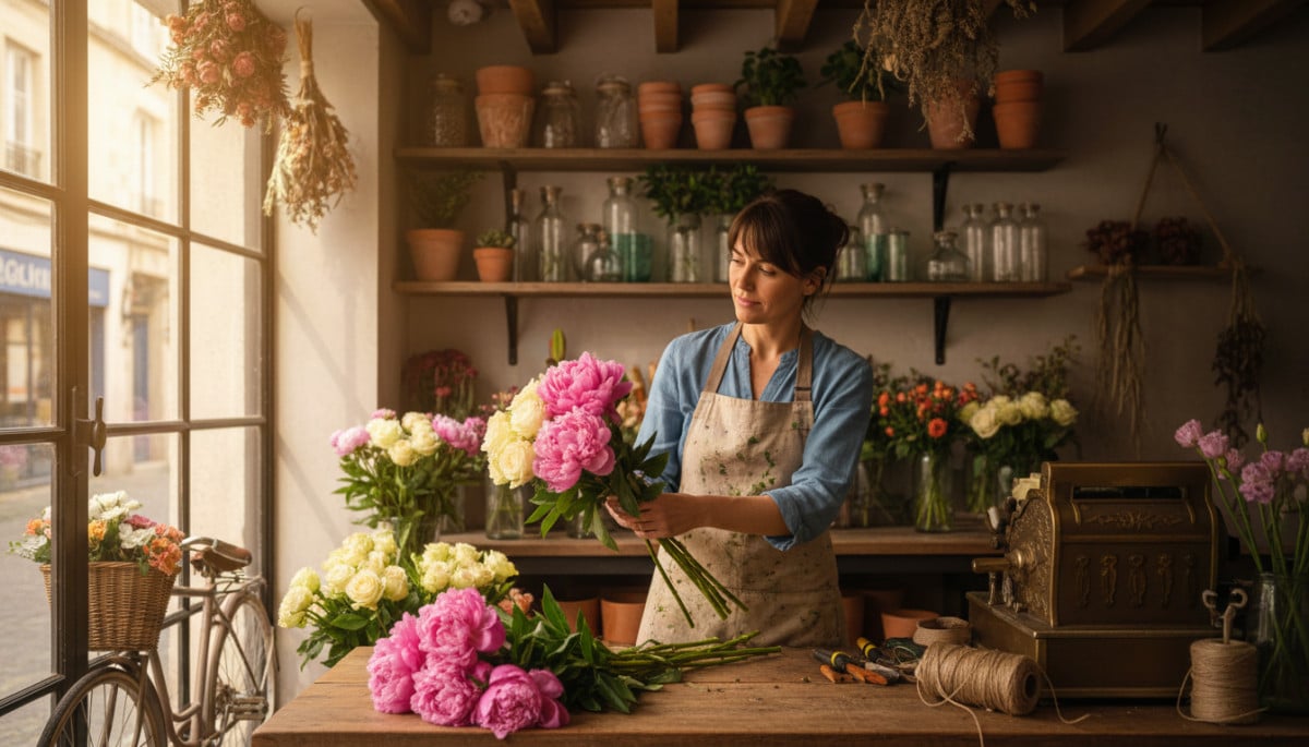 Élodie fleuriste préparant un bouquet dans sa boutique