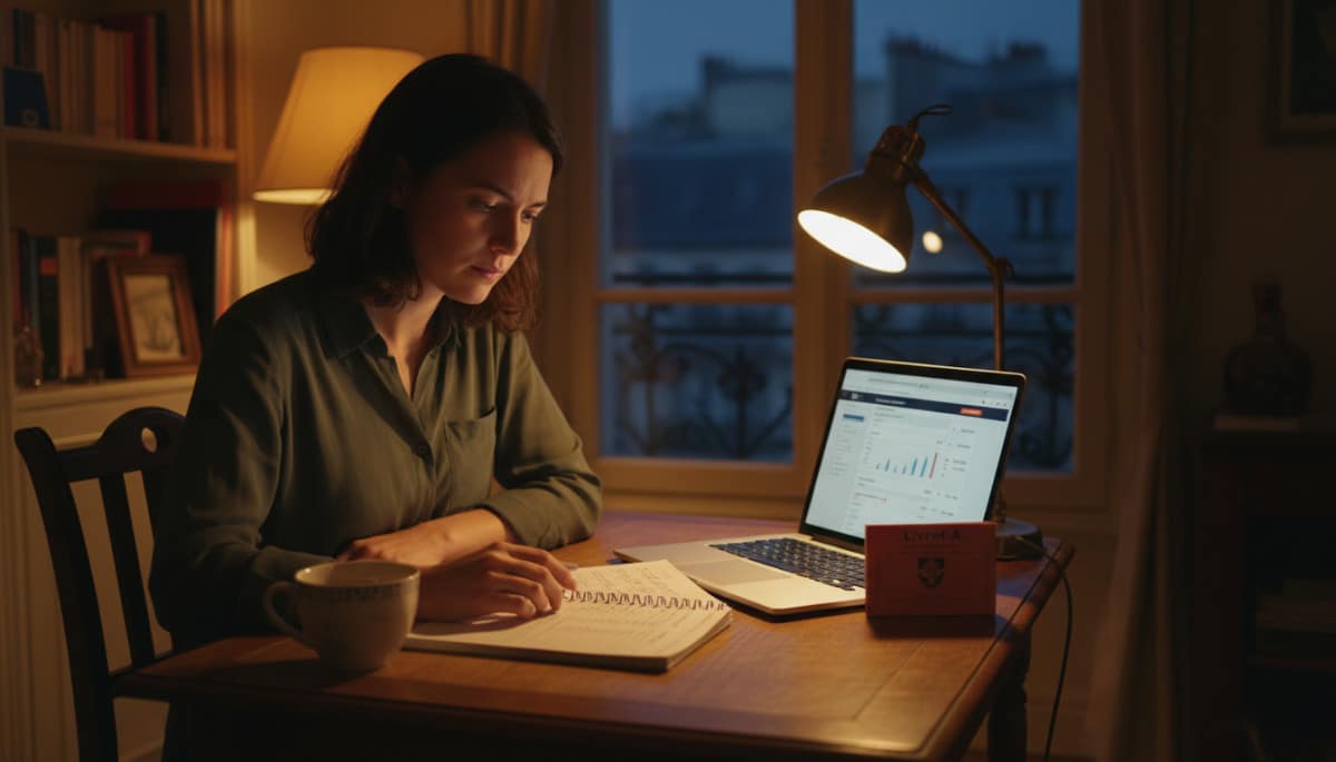 Élodie gérant son budget mensuel à son bureau