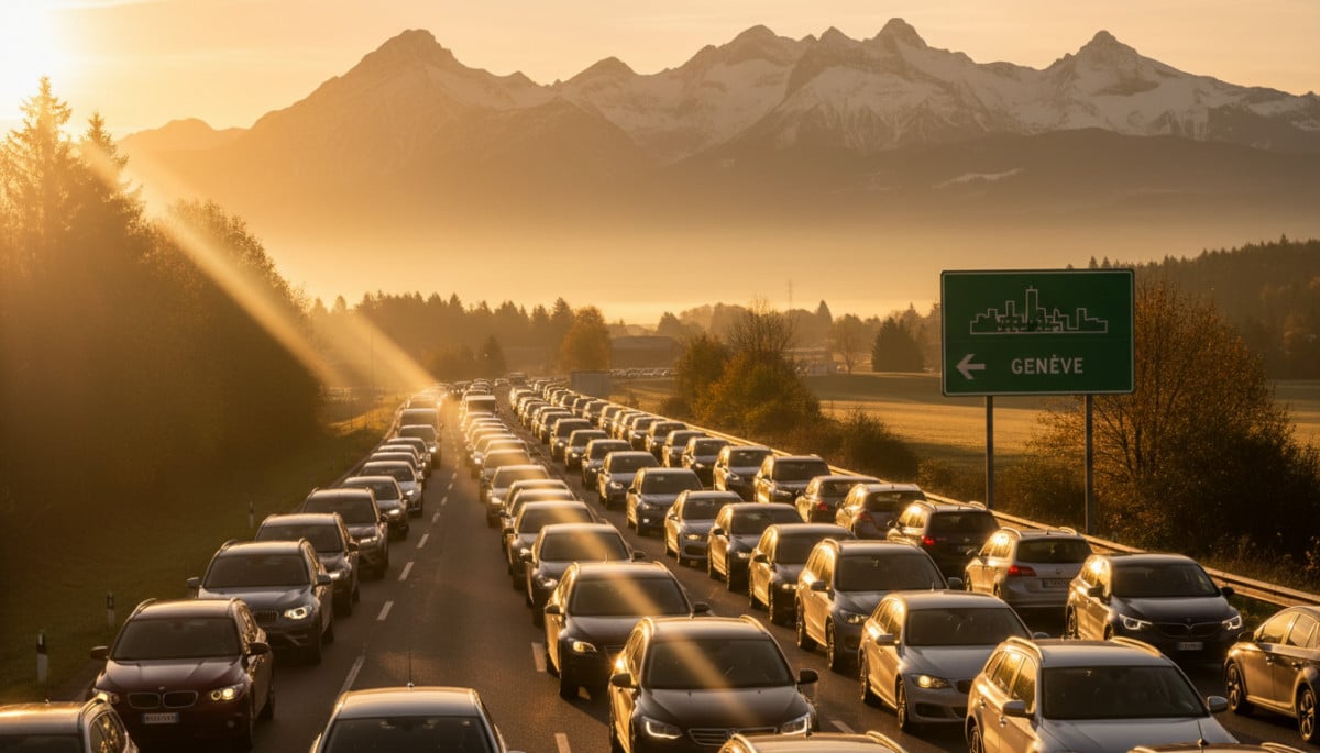 Embouteillage matinal de voitures près de la frontière suisse