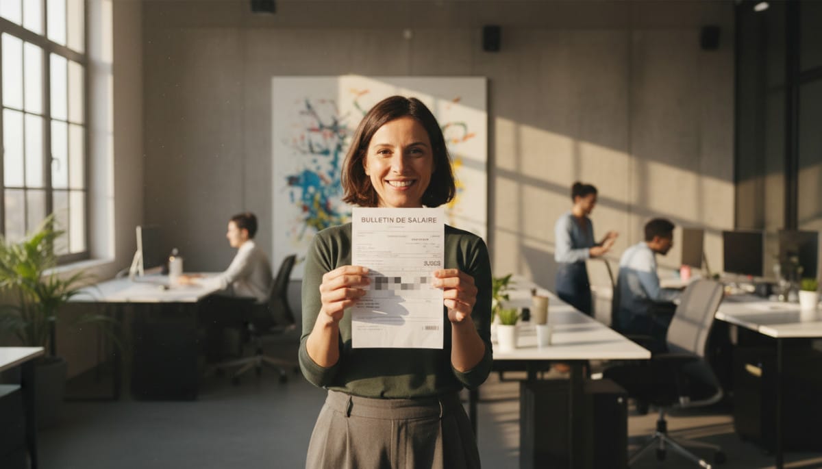 Employé soulagé tenant une fiche de paie corrigée