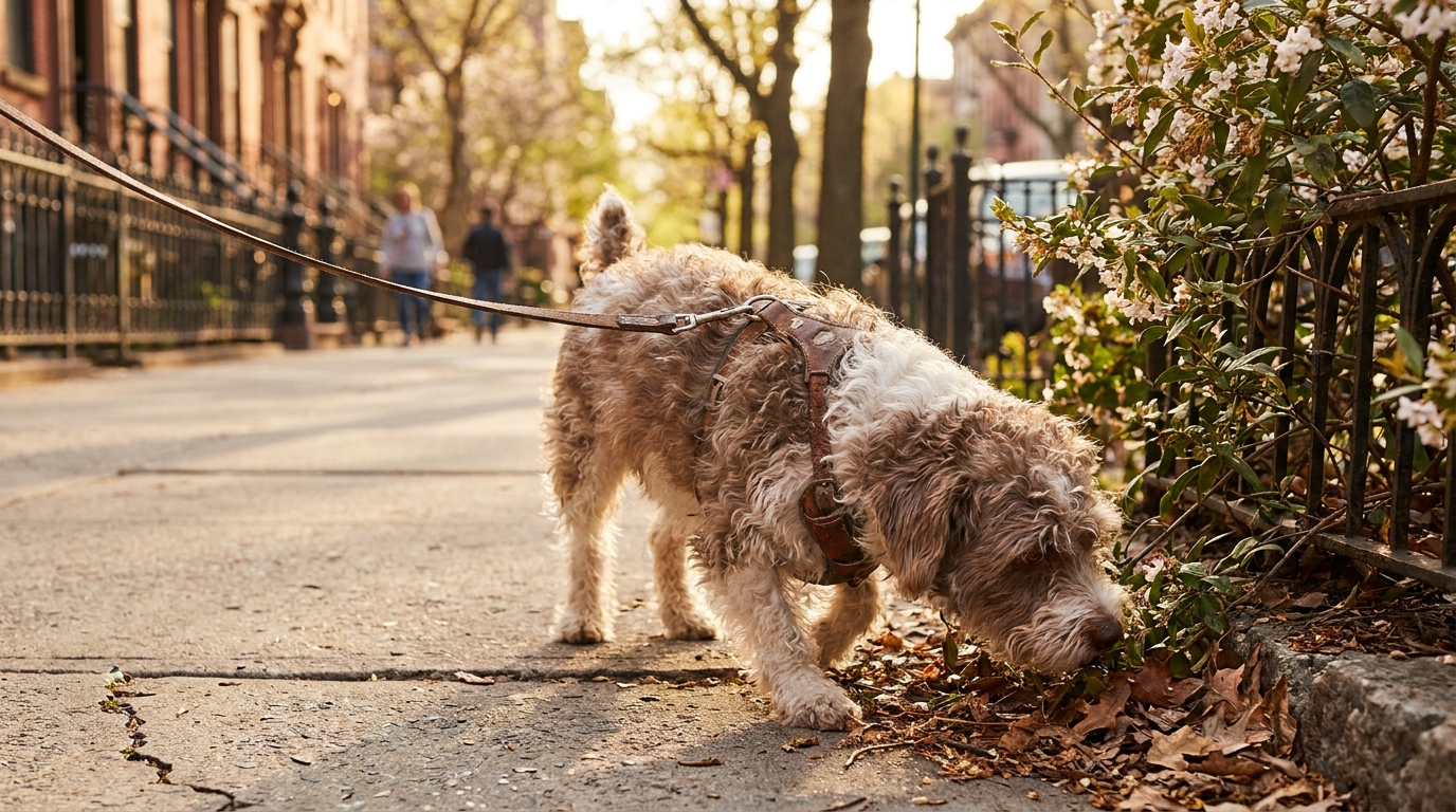 Chien en laisse reniflant un buisson dans un parc urbain