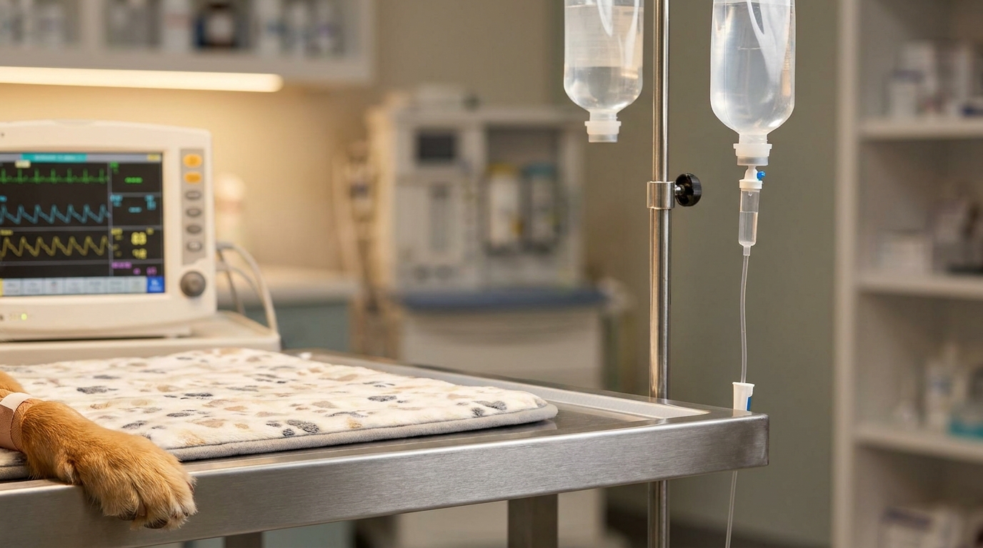 Table vétérinaire avec perfusion et équipement de monitoring